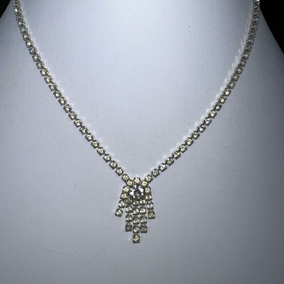 Vintage Prong Set Silver Tone Rhinestone Necklace - Picture 1 of 8